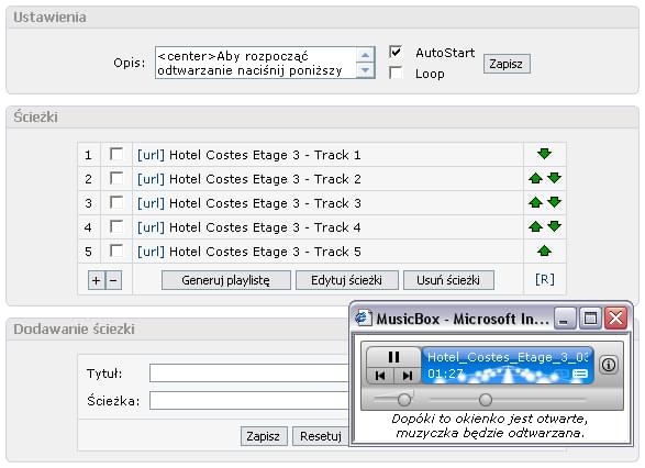 Odtwarzacz MP3 otwierany w nowym okienku daje ten komfort, że przy przeglądaniu strony nie przerywa odtwarzania. Taki właśnie jest MusicBox. Umożliwia ponadto odsłuchiwanie więcej niż jednego utworu. Posiada prosty i przejrzysty panel zarządzania plika...