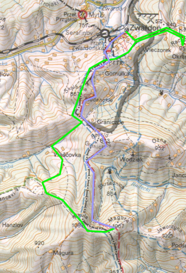 mapa wędrówki: zielone - start; fioletowy - powrót