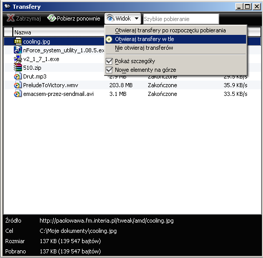 Zakładka transfery -> Widok -> [o] Otwieraj transfery w tle.