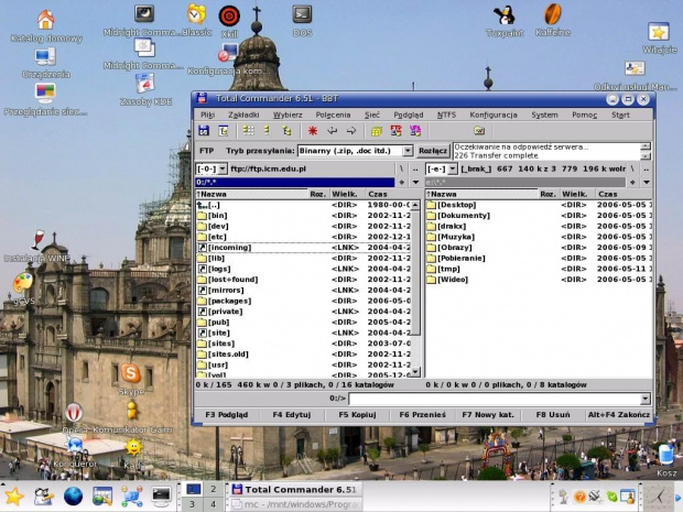 A jakby ktoś naprawdę się uparł i chciał używać Total Commandera pod Linuxem, to oczywiście nic nie stoi na przeszkodzie. Tutaj widzimy TC uruchomionego w emulatorze Wine