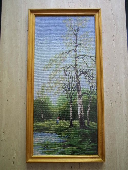 Brzozy (58x28cm) haft krzyżykowy, oprawa - ramka drewniana+szkło.